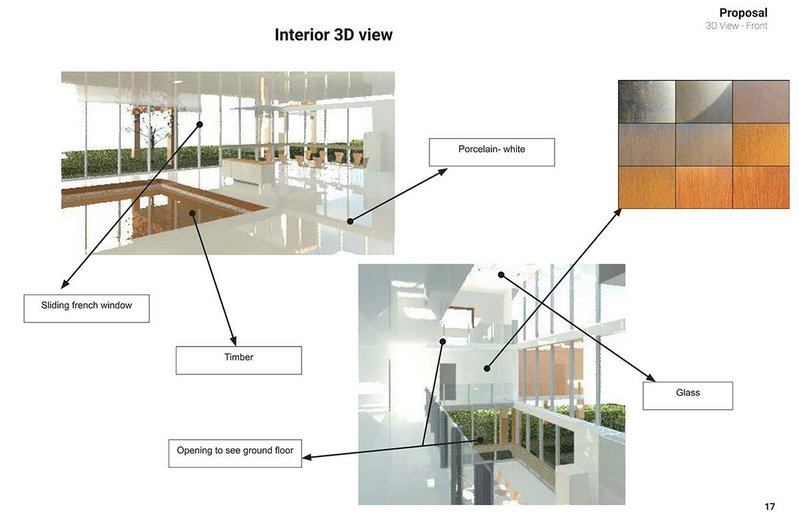 Interior design intention and material consideration from year 13 student, Haya O. Nahar’s design report