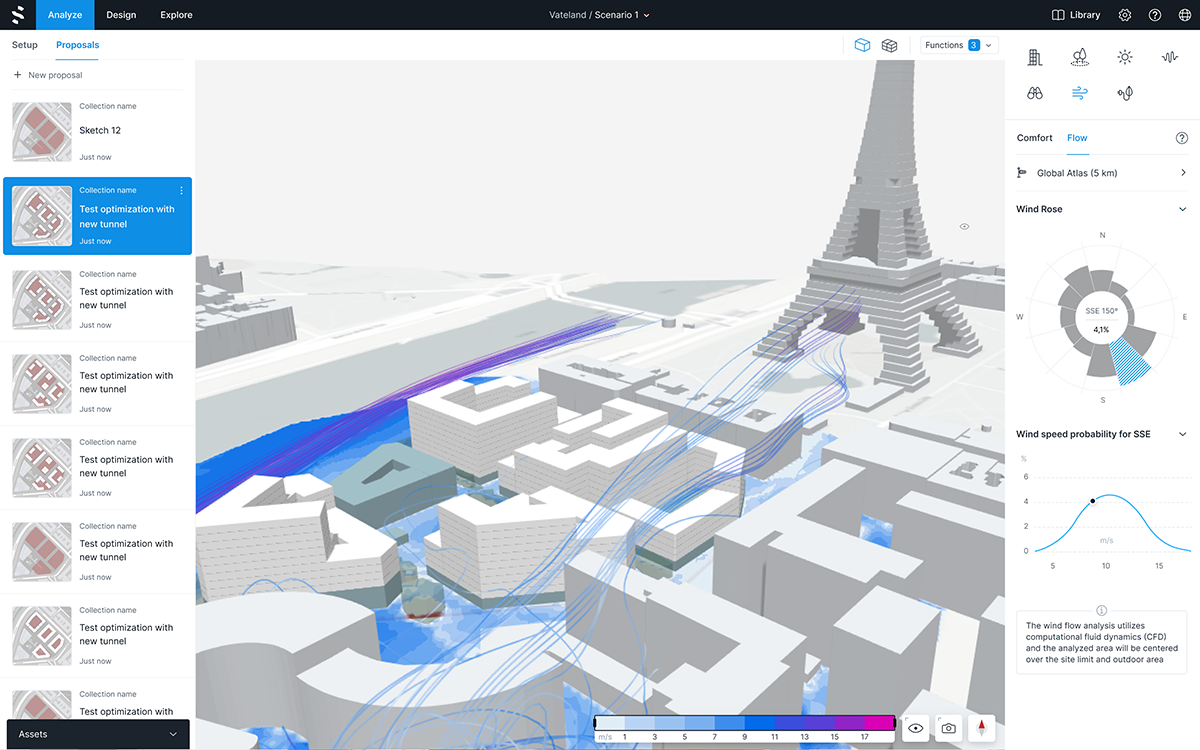 Spacemaker analysis of wind on a development in Paris.