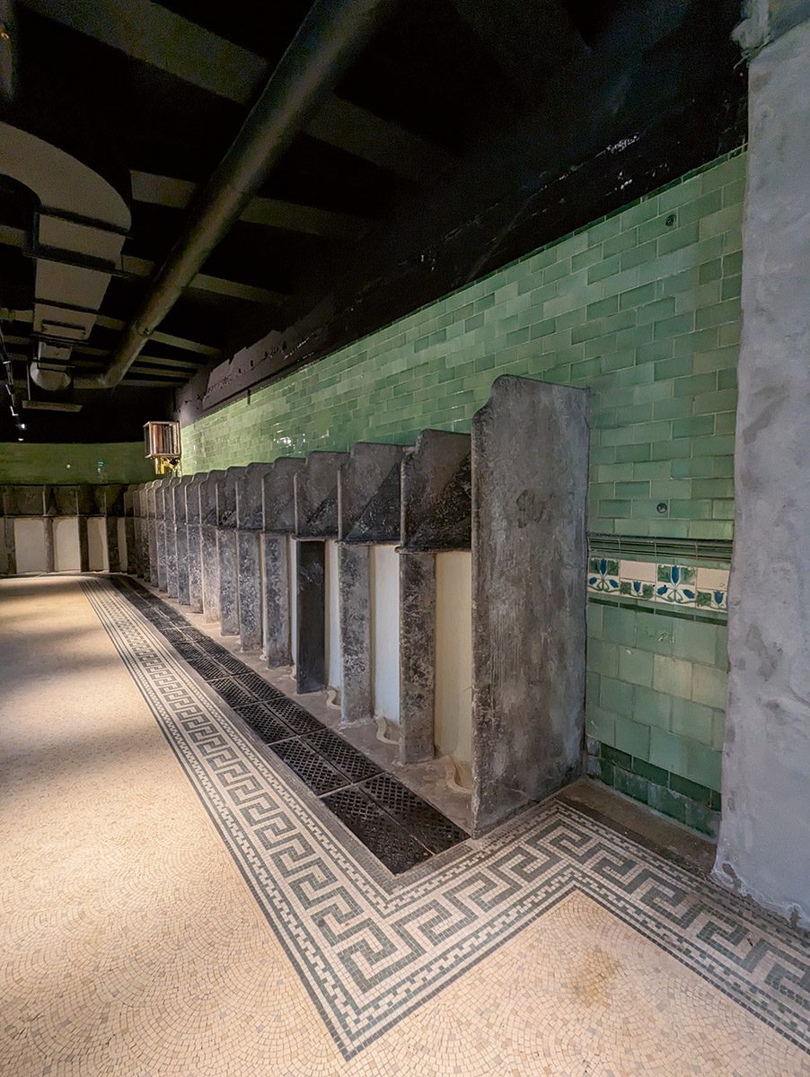 The beautifully restored urinals in the Victorian gents’ toilets, preserved for a new use.