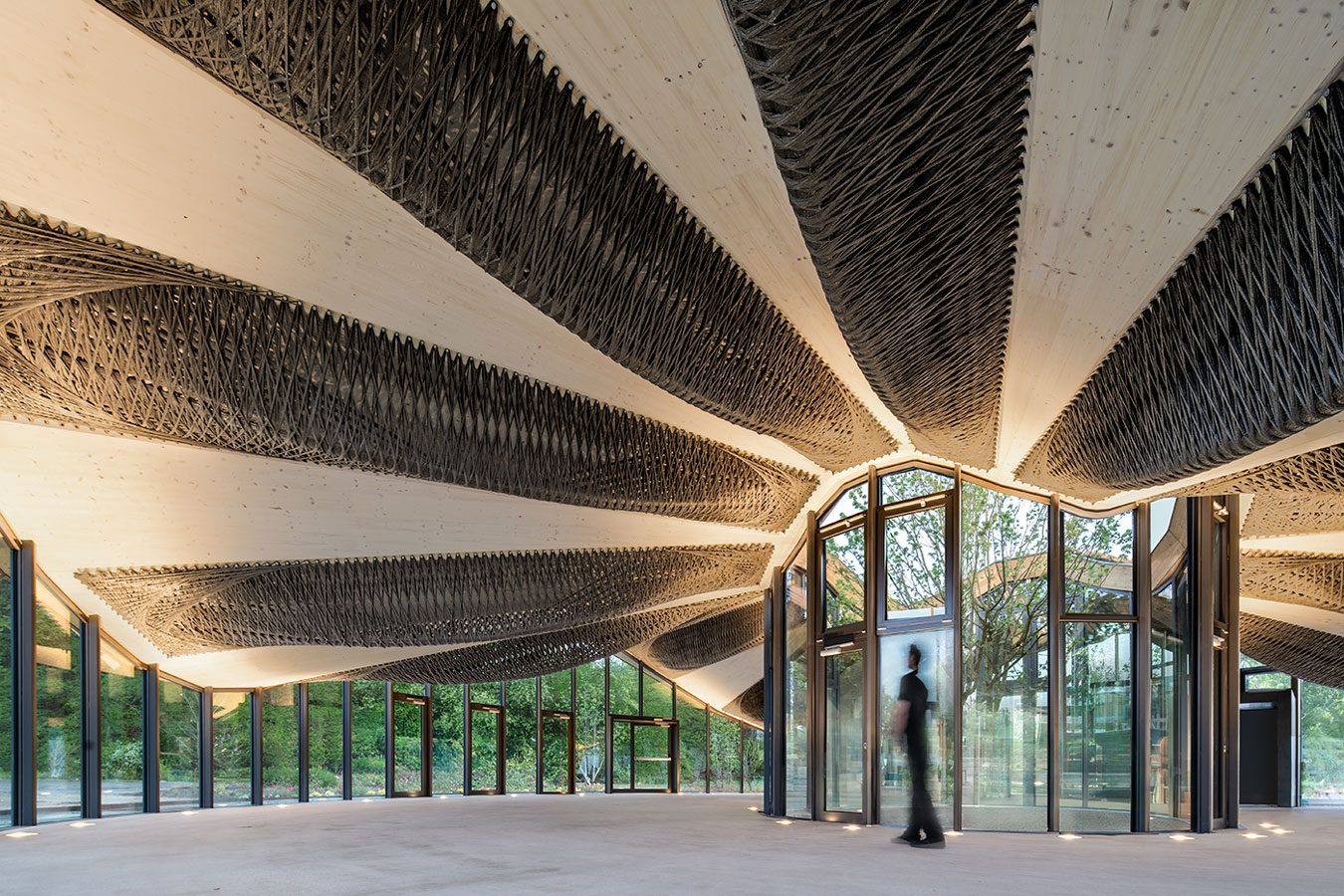 The innovative hybrid natural fibre flax/ CLT roof enables an expansive column-free space.