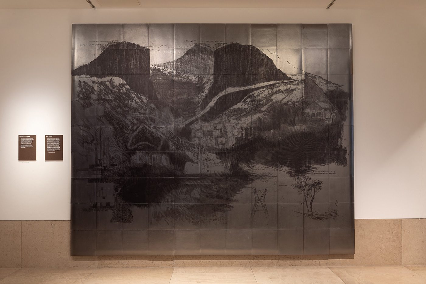 Installation shot of Raise the Roof showing Blacklight by Thandi Loewenson assisted by Zhongshan Zou, a response to the Jarvis Mural at the RIBA’s 66 Portland Place headquarters in London.