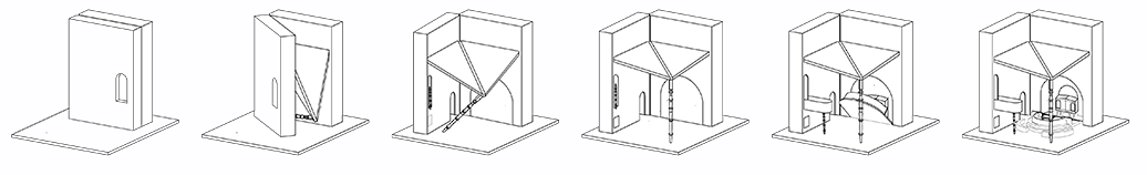 Drawings showing the opening sequence of the Babyn Yar memorial synagogue.