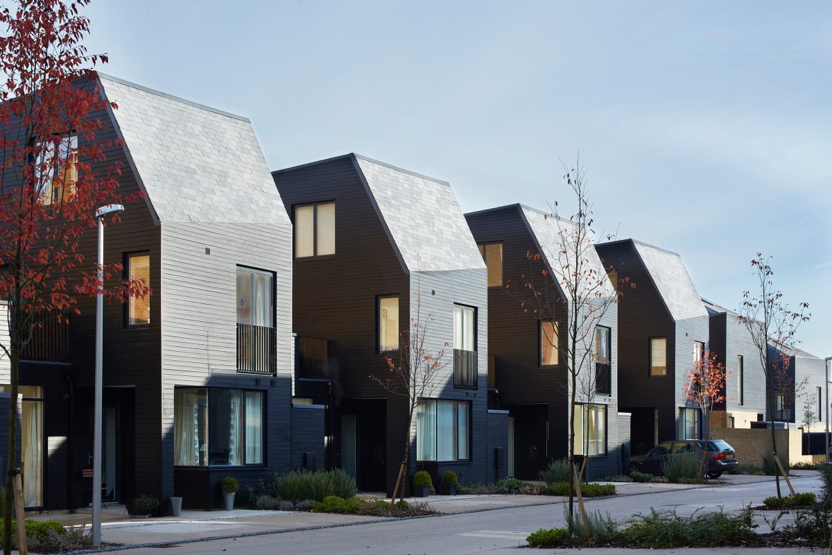 Newhall Be, Harlow. Alison Brooks Architects. Featuring wood cladding and a prefabricated timber construction to make use of roof spaces.