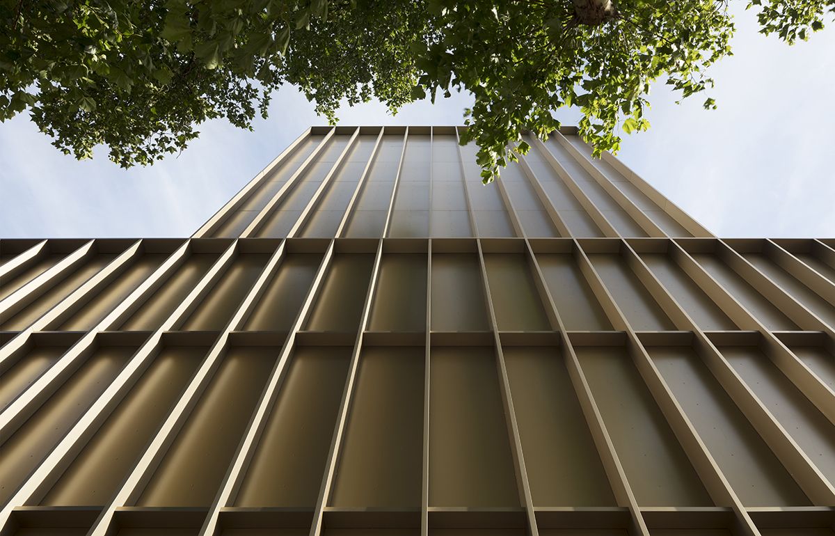 Fine exercise in articulation of a black-box facade in bronze-finish anodised aluminium – the colour is called pale umber.
