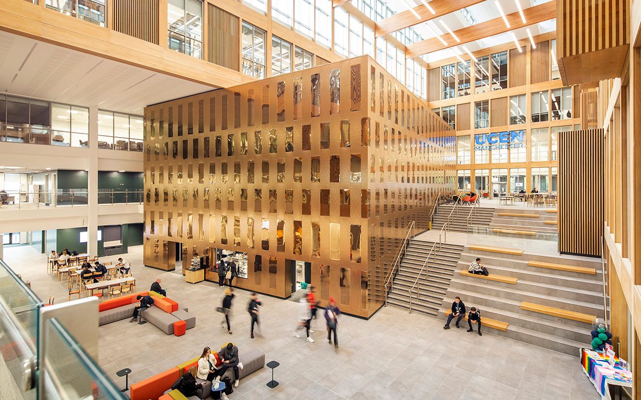The Jewel Box theatre and one of the staircases in the atrium of The Manchester College.