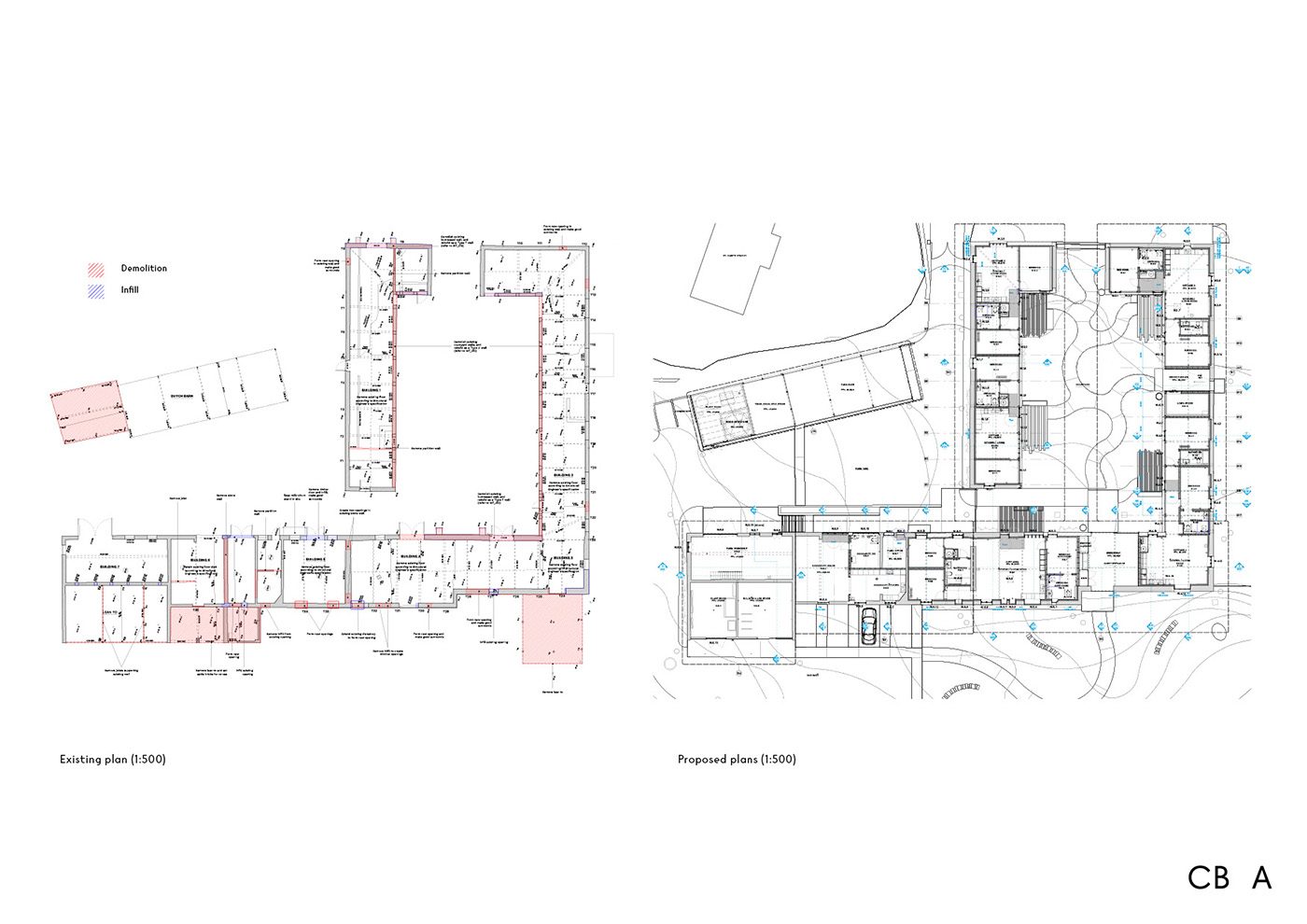 Existing and proposed plans illustrating areas of demolition and infill.