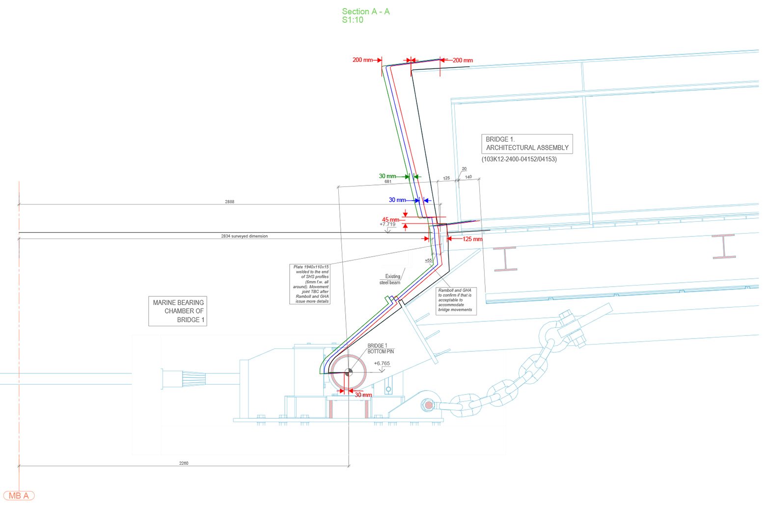 Section detail showing the pivoting bridge structure on the dock side.