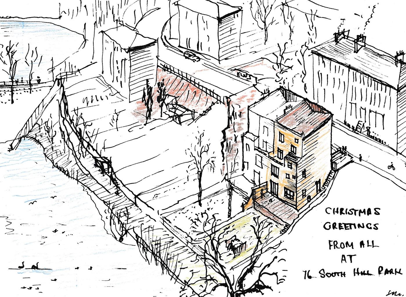 Sketch by Stephen Macfarlane of wartime bomb damage near his childhood home, circa 1941.